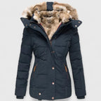 dames winterjas getailleerd met capuchon in blauw
