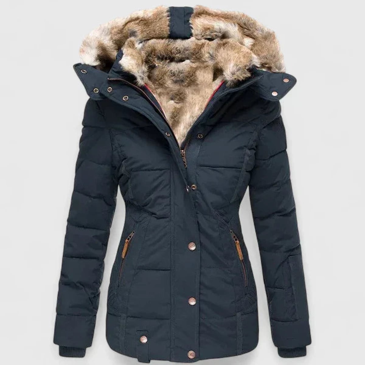 dames winterjas getailleerd met capuchon in blauw