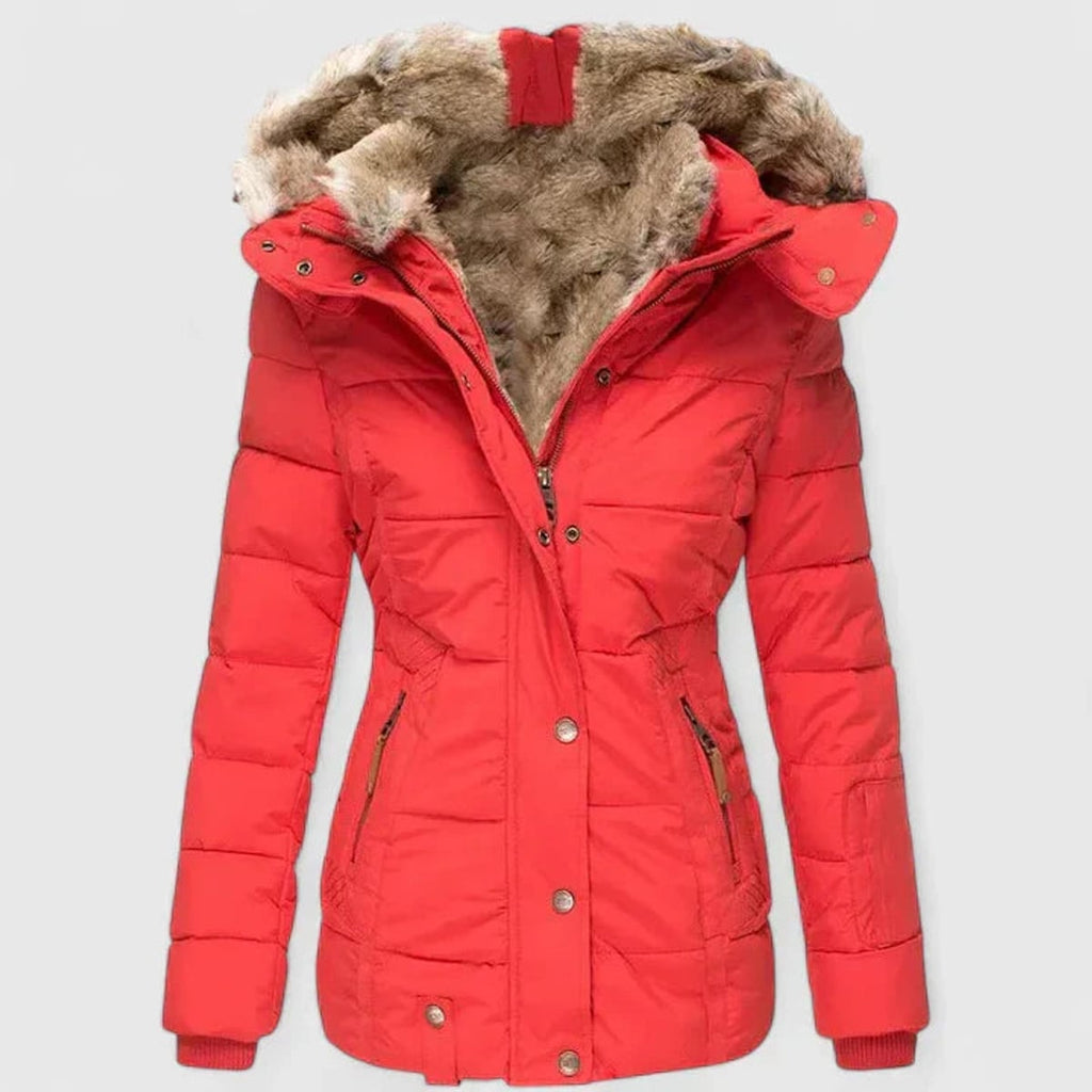 dames winterjas getailleerd met capuchon in rood
