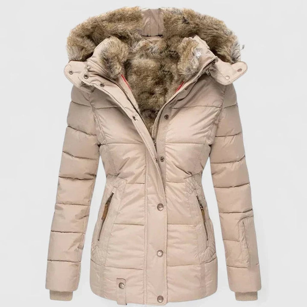 dames winterjas getailleerd met capuchon in beige
