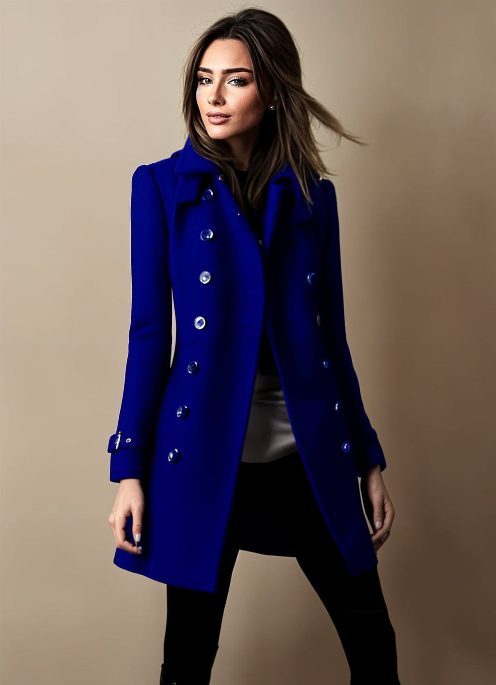 dames winterjas getailleerd met dubbele knopenrij in blauw