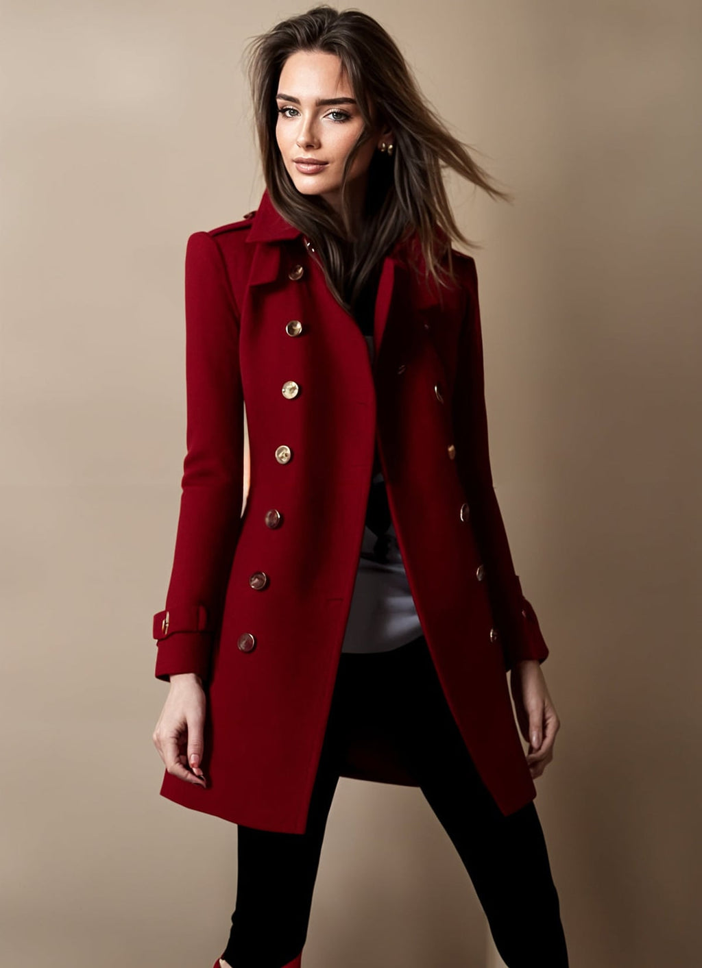 dames winterjas getailleerd met dubbele knopenrij in rood