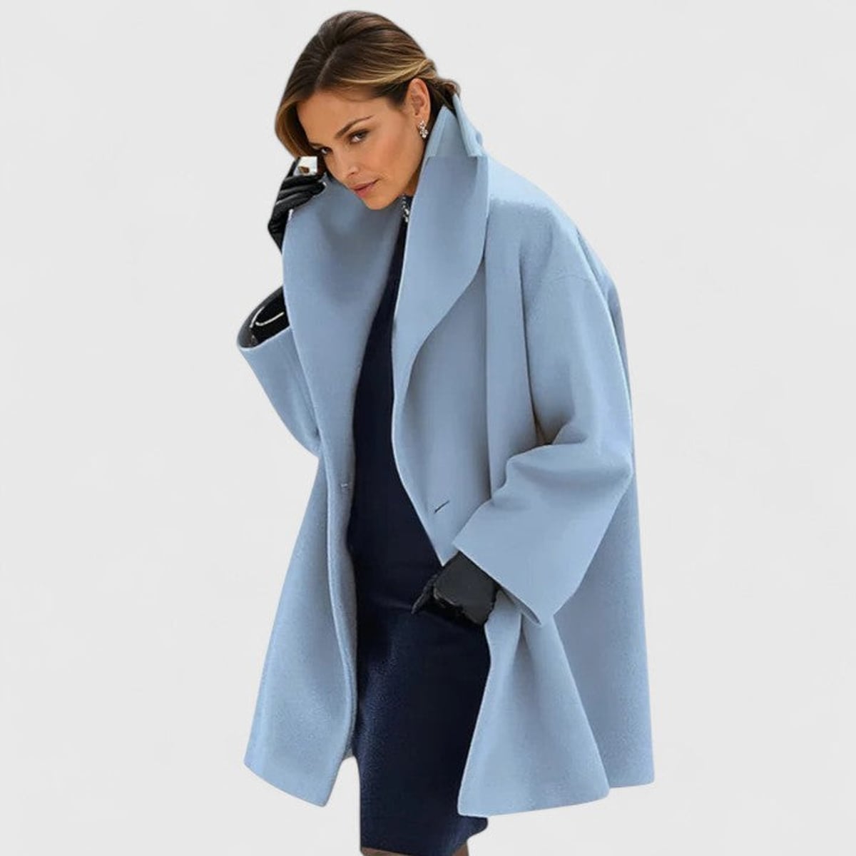 dames winterjas met brede revers in blauw