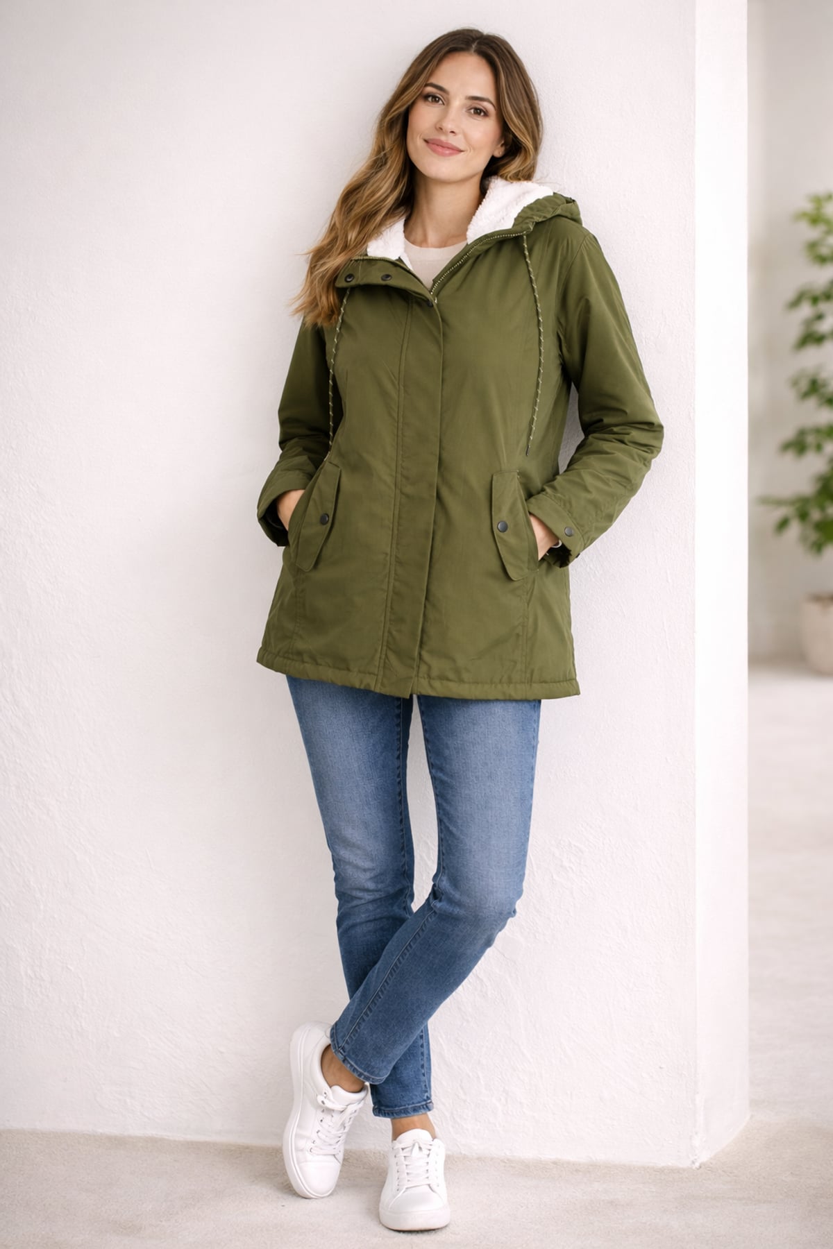 dames winterjas met capuchon en gevoerde binnenkant in groen