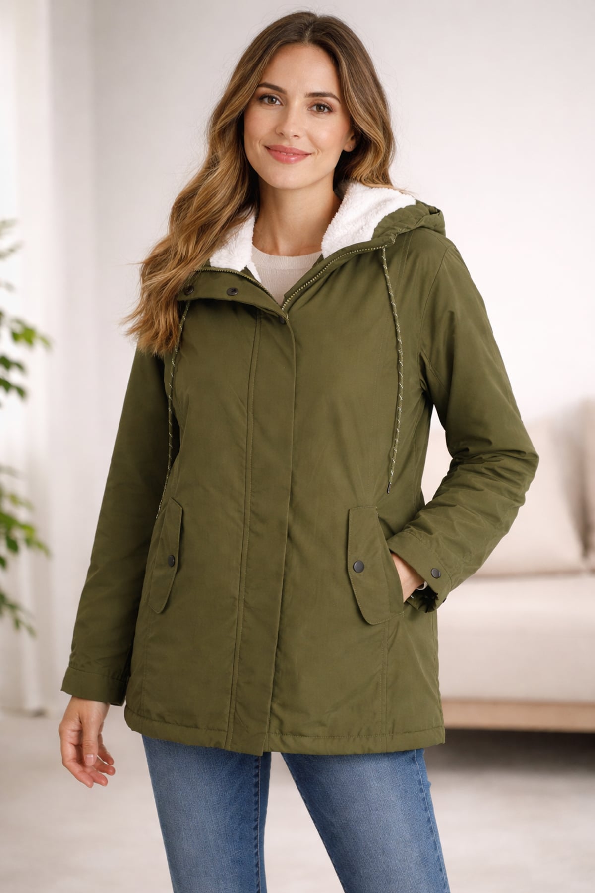 dames winterjas met capuchon en gevoerde binnenkant in khaki