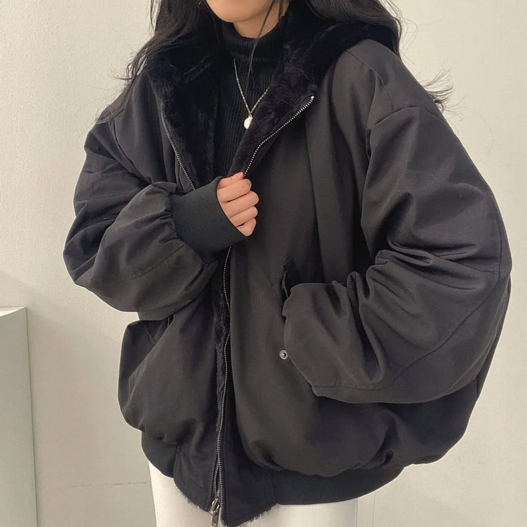 dames winterjas oversized met sherpa voering in zwart