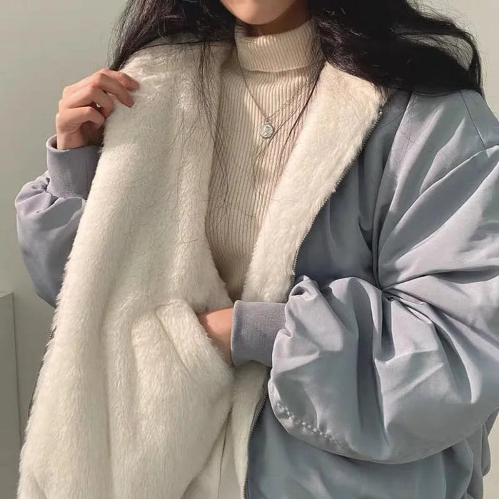 dames winterjas oversized met sherpa voering in blauw