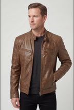 heren biker jacket met rits in bruin