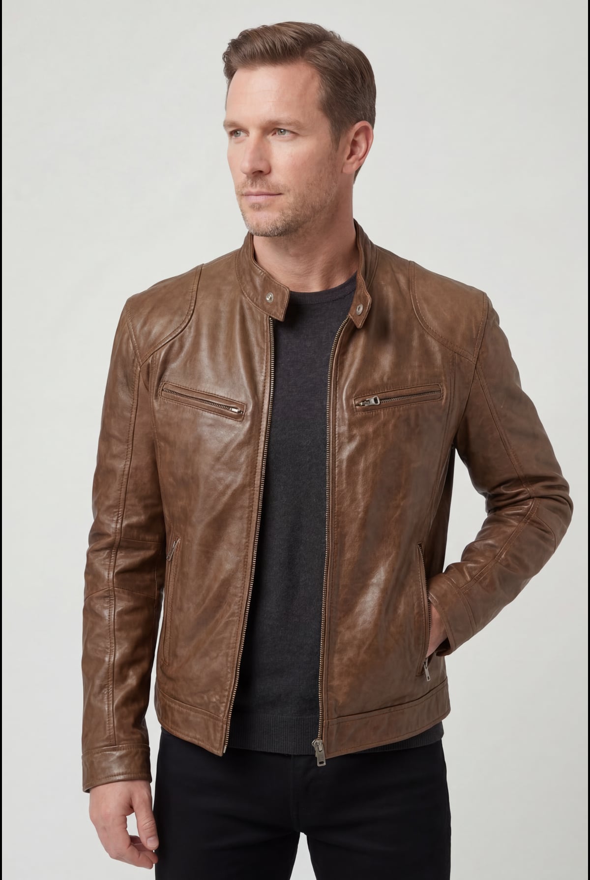 heren biker jacket met rits in bruin