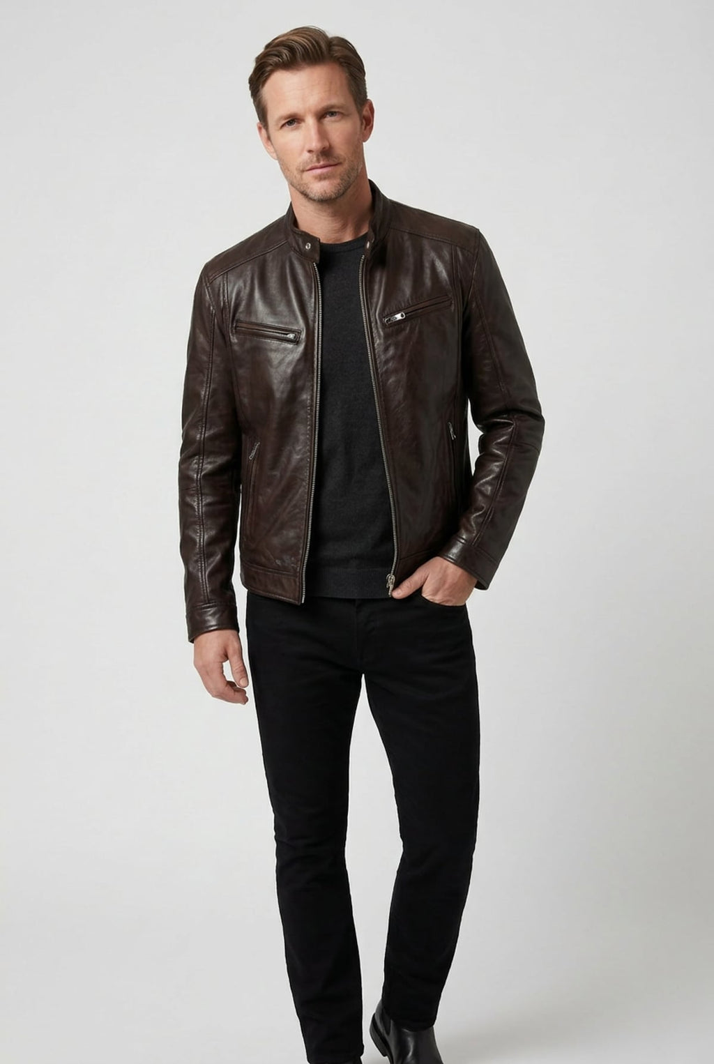 heren biker jacket met rits in donkerbruin