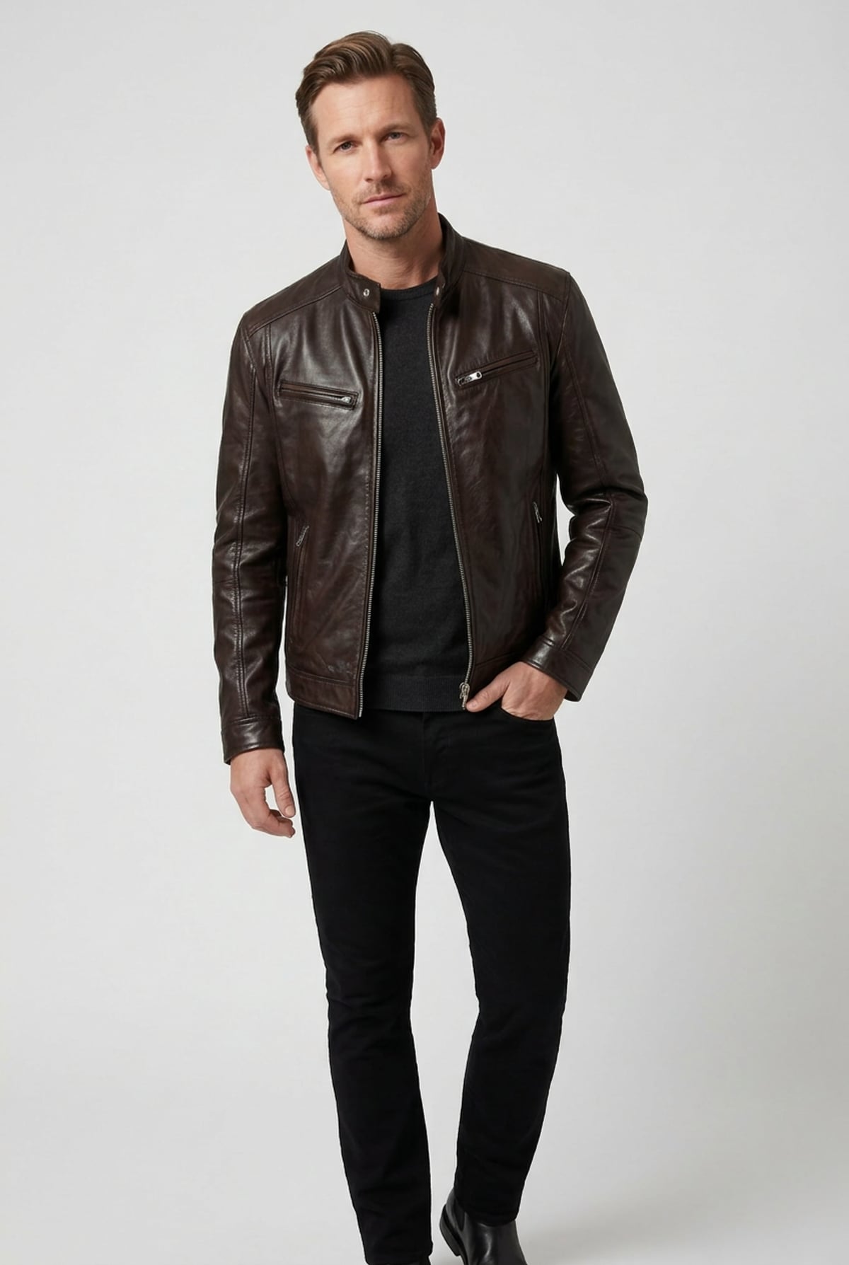 heren biker jacket met rits in donkerbruin