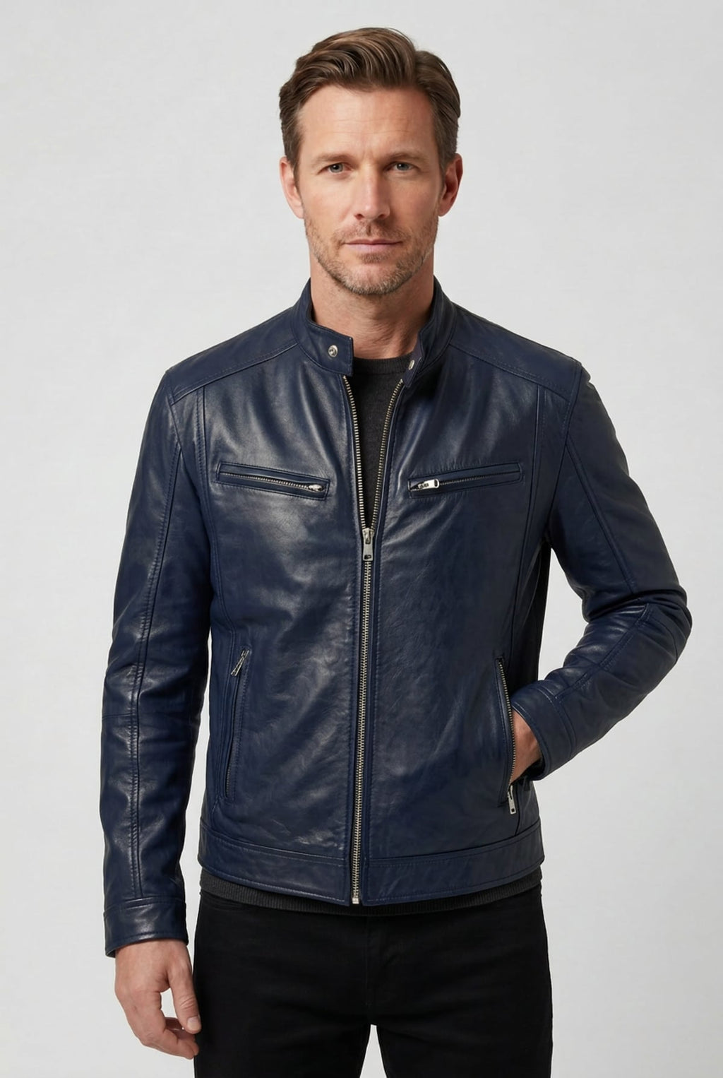 heren biker jacket met rits in marine