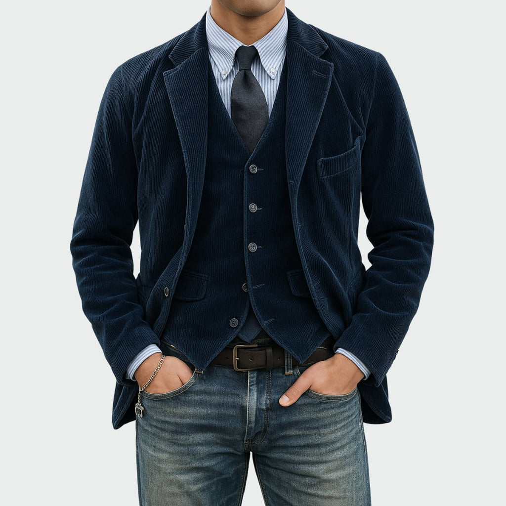 heren blazer set met vest in blauw