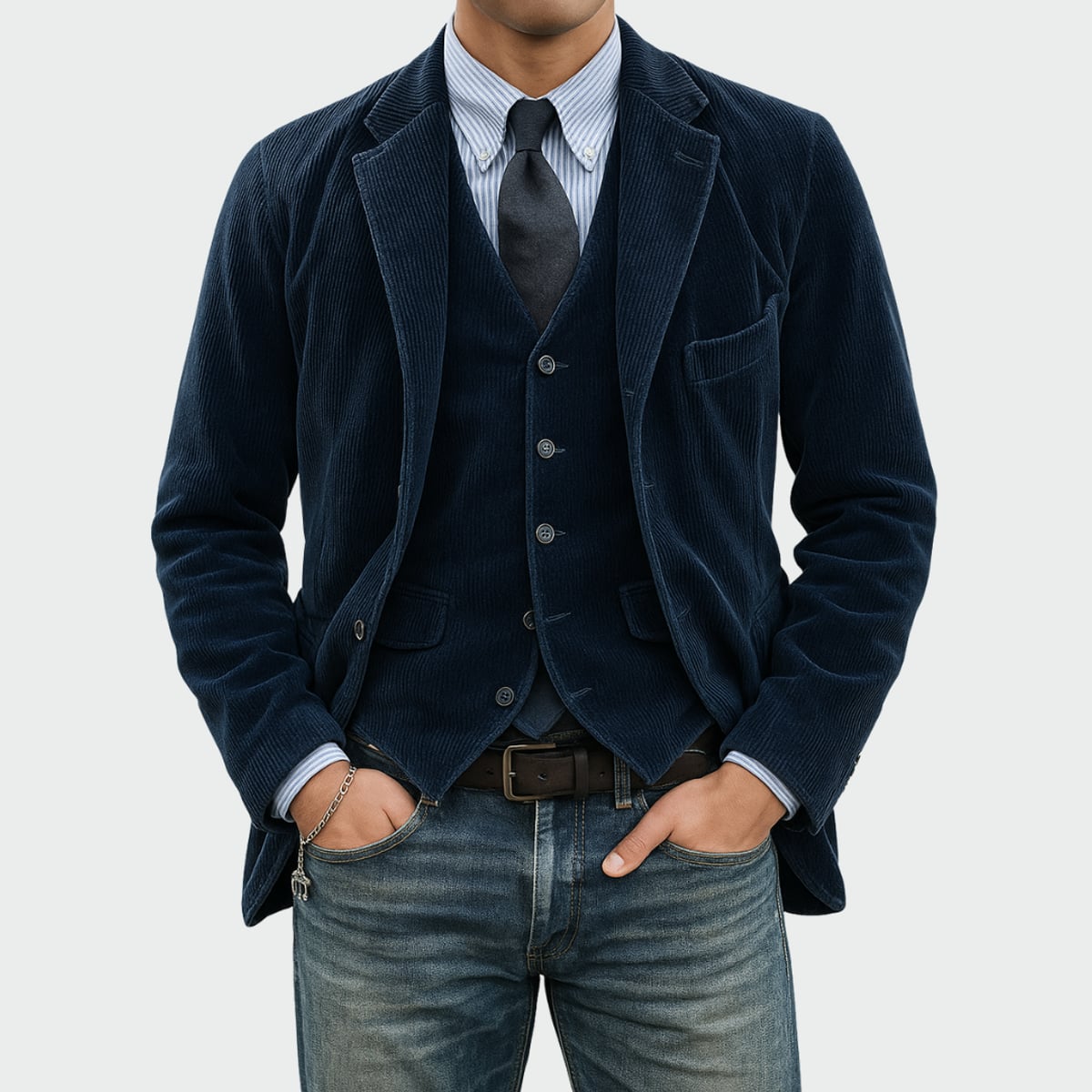 heren blazer set met vest in blauw