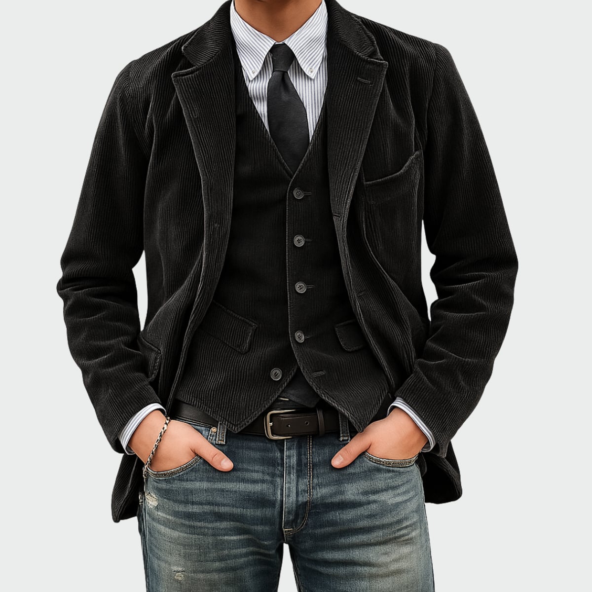 heren blazer set met vest in zwart