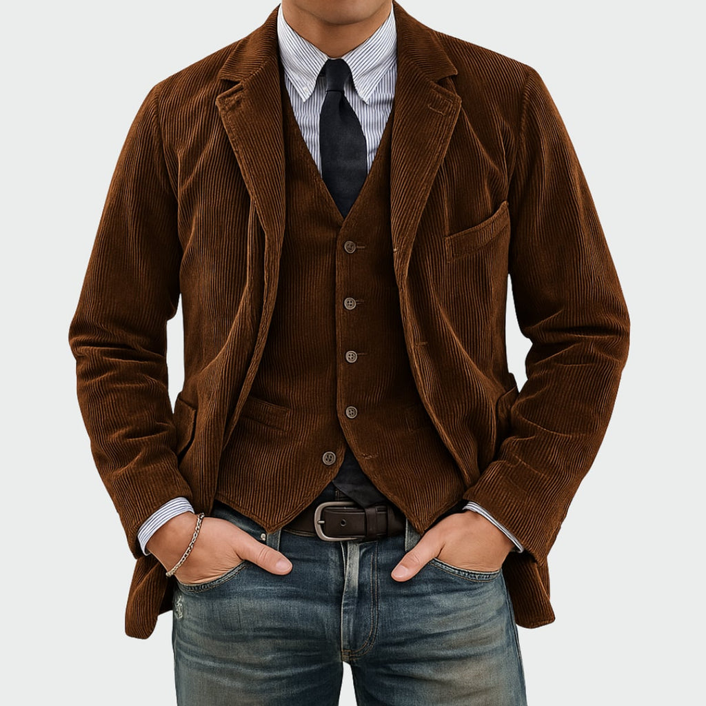 heren blazer set met vest in bruin