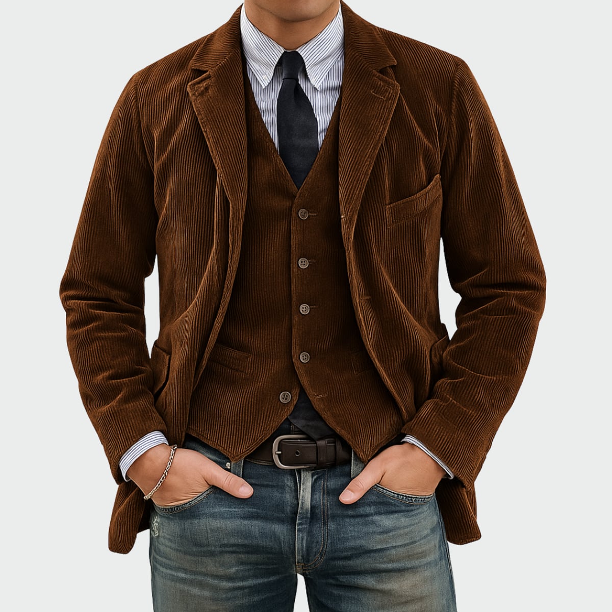 heren blazer set met vest in bruin