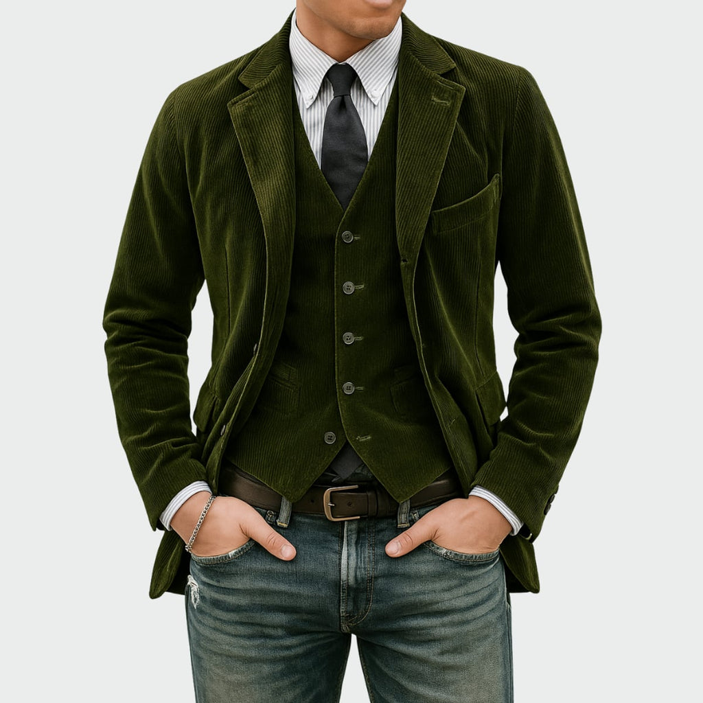 heren blazer set met vest in groen
