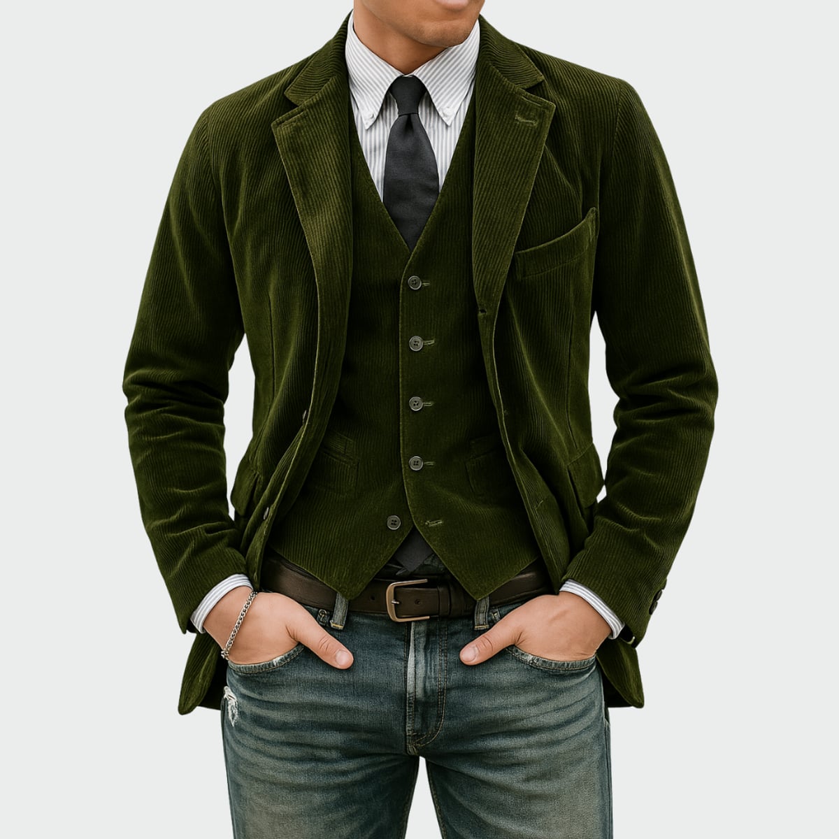 heren blazer set met vest in groen