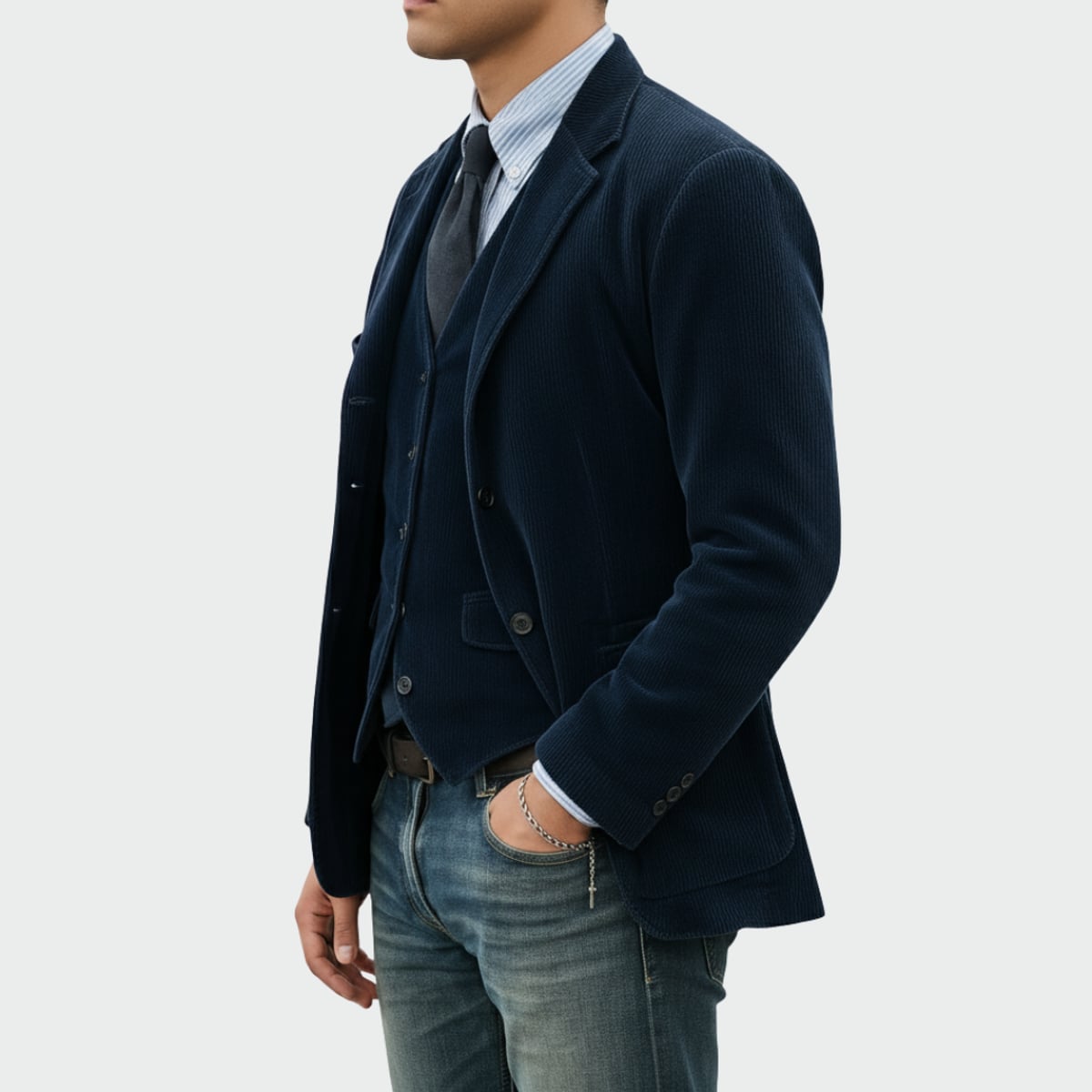 heren blazer set met vest in blauw