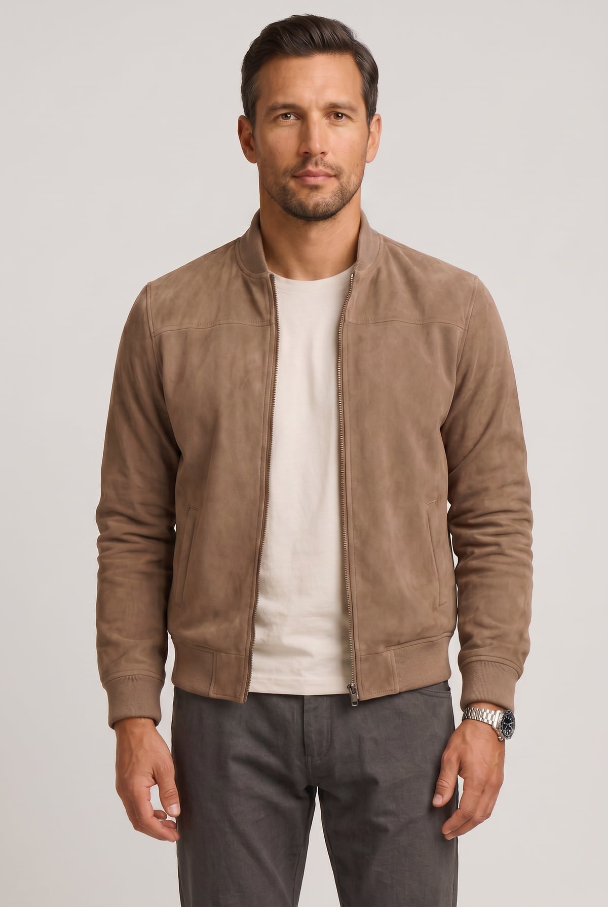 heren bomberjack met rits in beige
