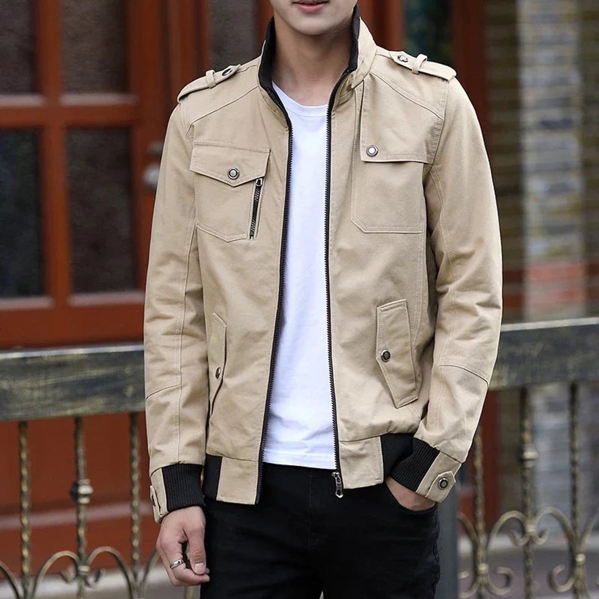 heren casual jas met ritssluitingen in khaki