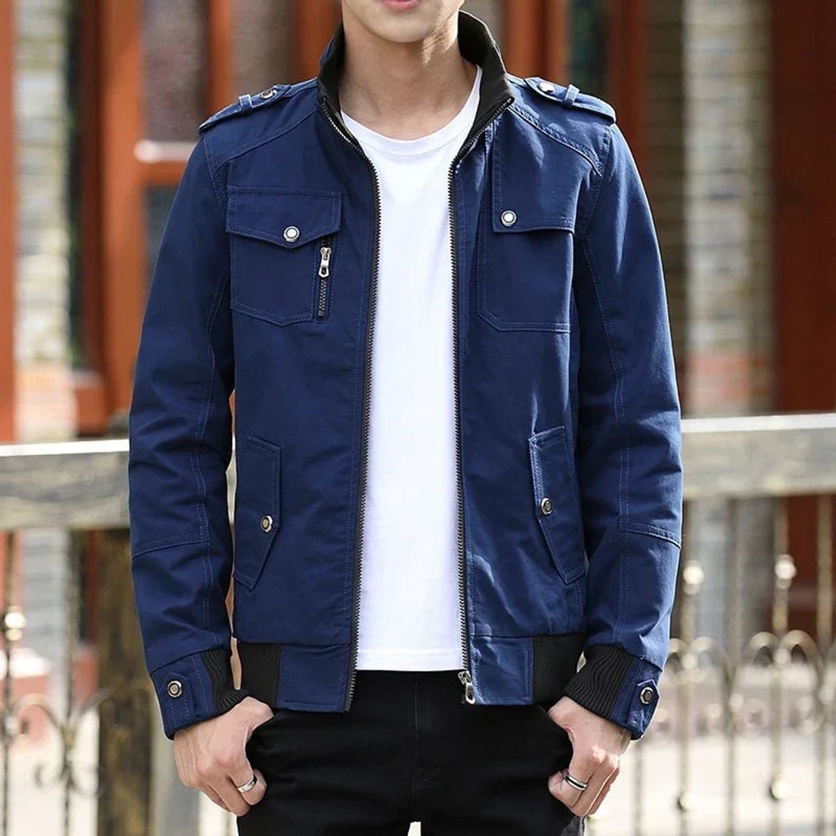 heren casual jas met ritssluitingen in blauw