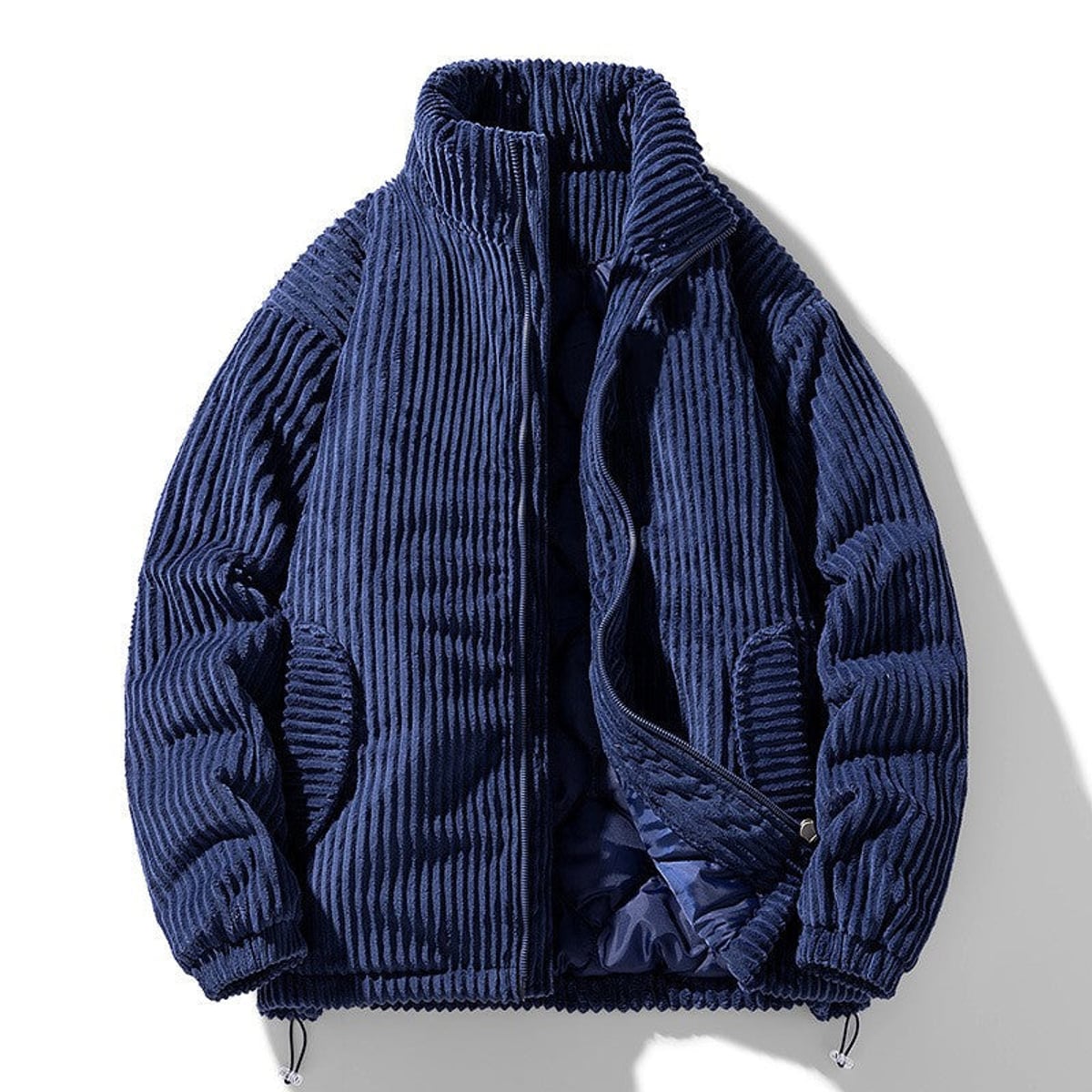 heren corduroy gewatteerde jas met staande kraag in blauw