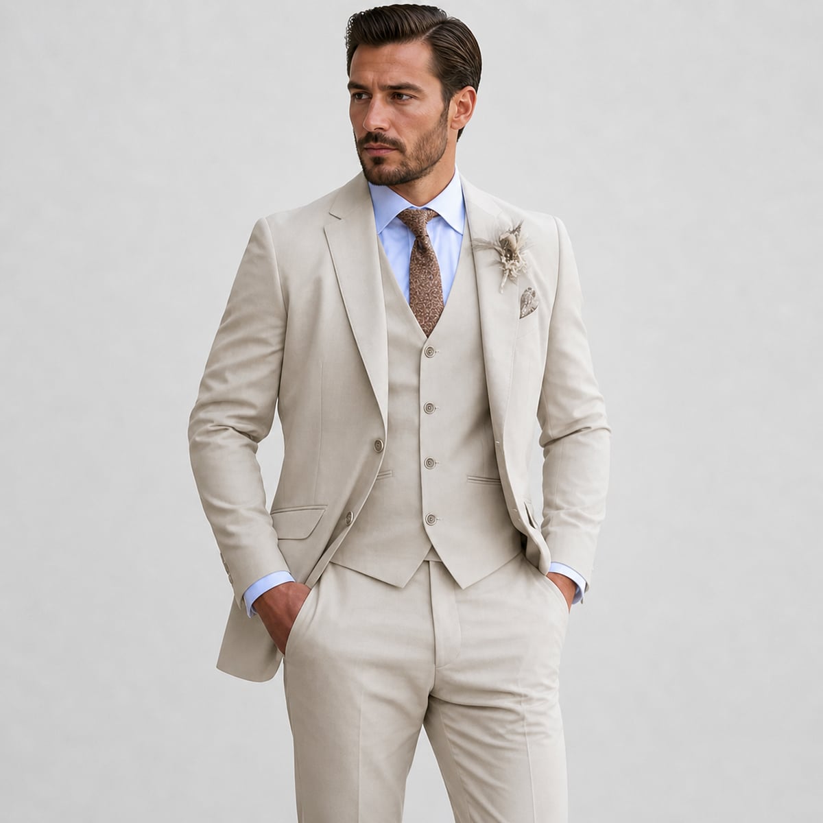 heren driedelig pak met gilet in beige