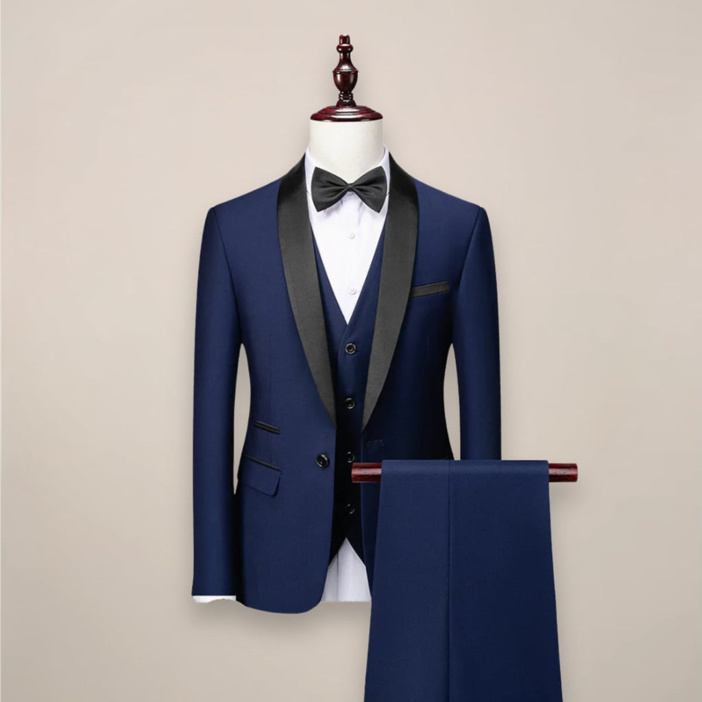 heren driedelig pak met sjaalkraag in marineblauw