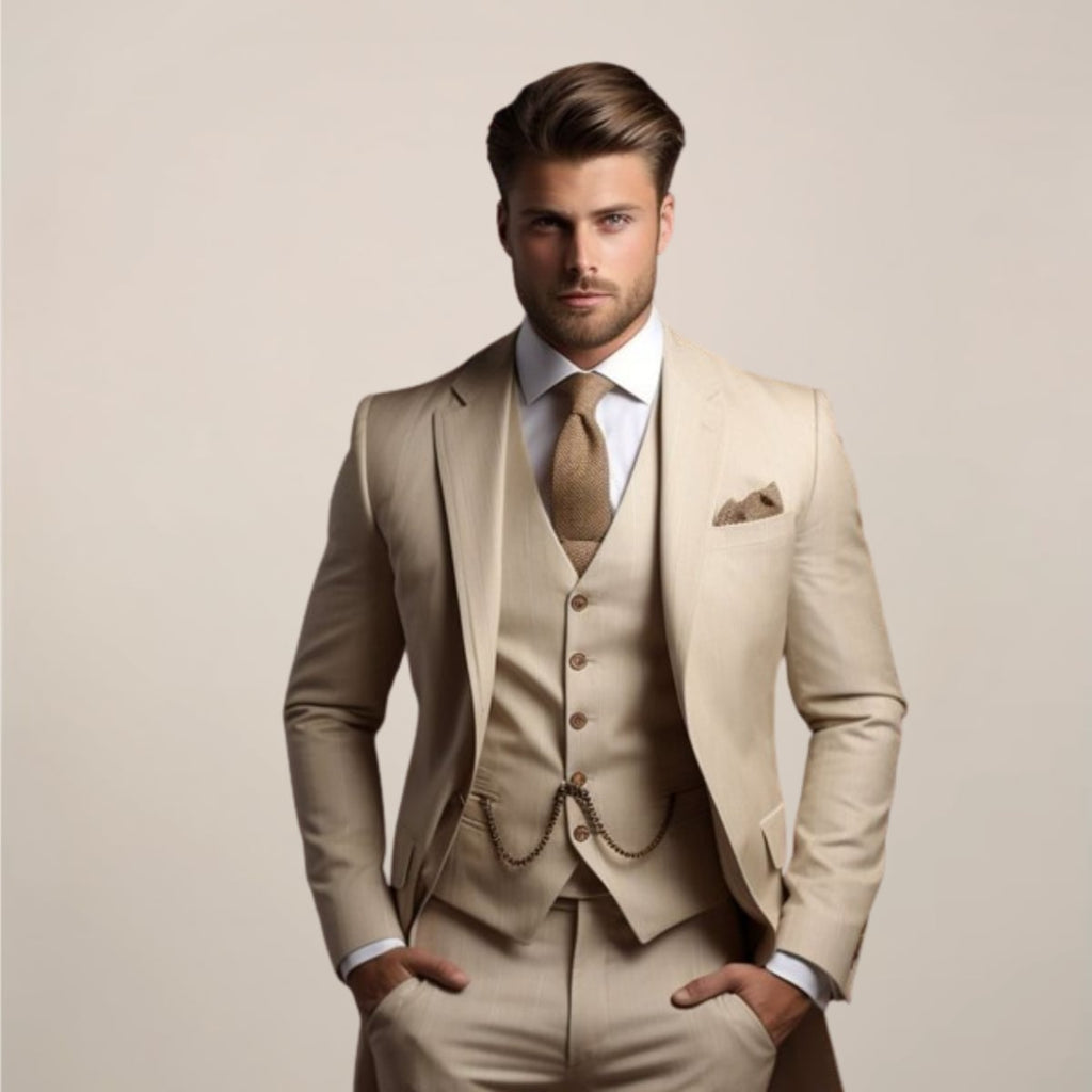 heren driedelig zomer pak met gilet in beige