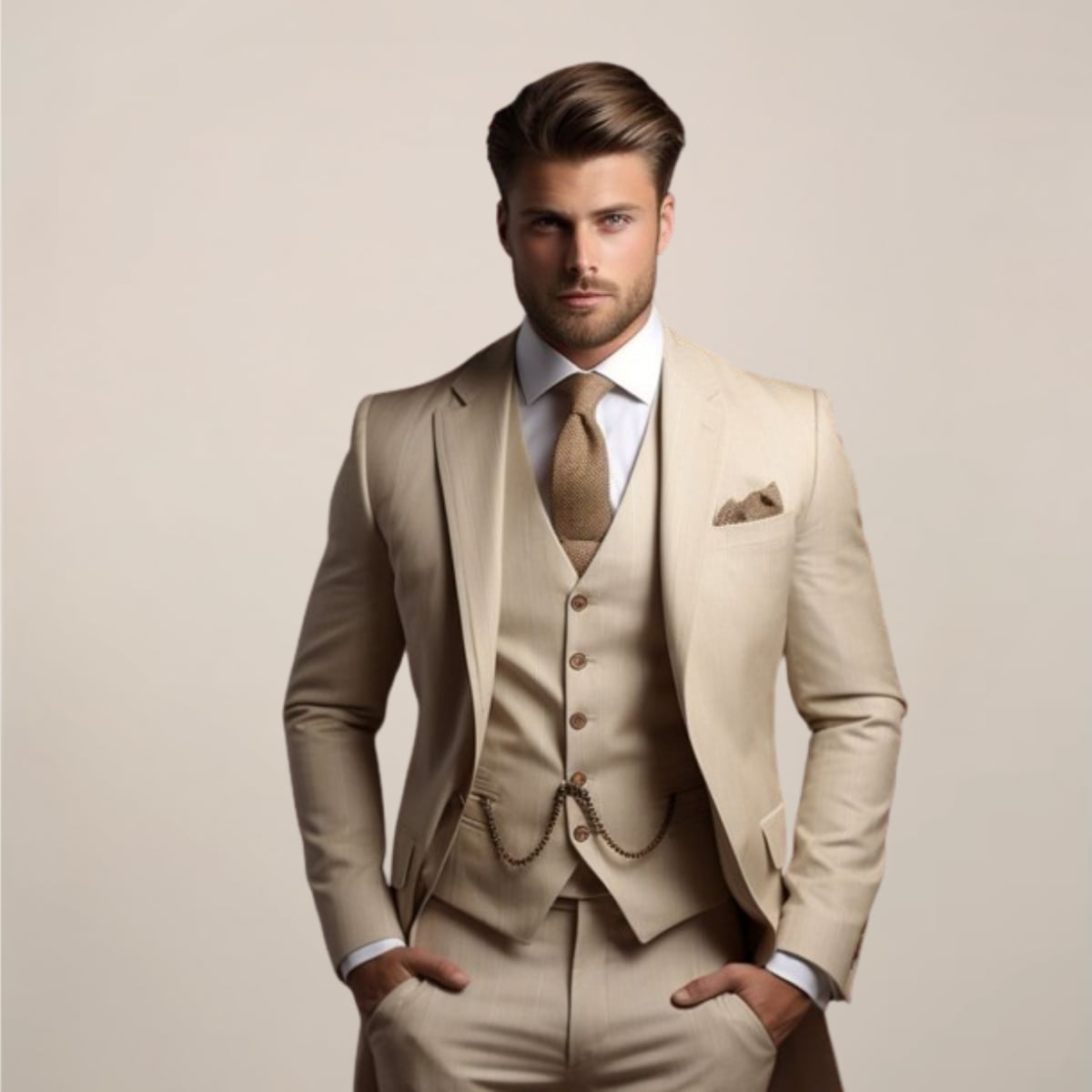 heren driedelig zomer pak met gilet in beige