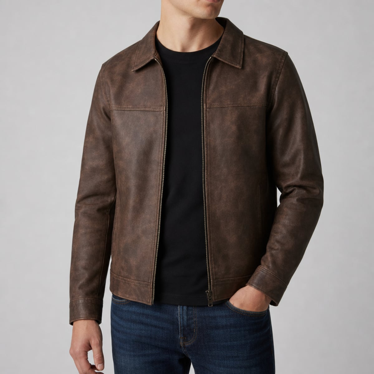 heren fitted biker jacket met rits in bruin