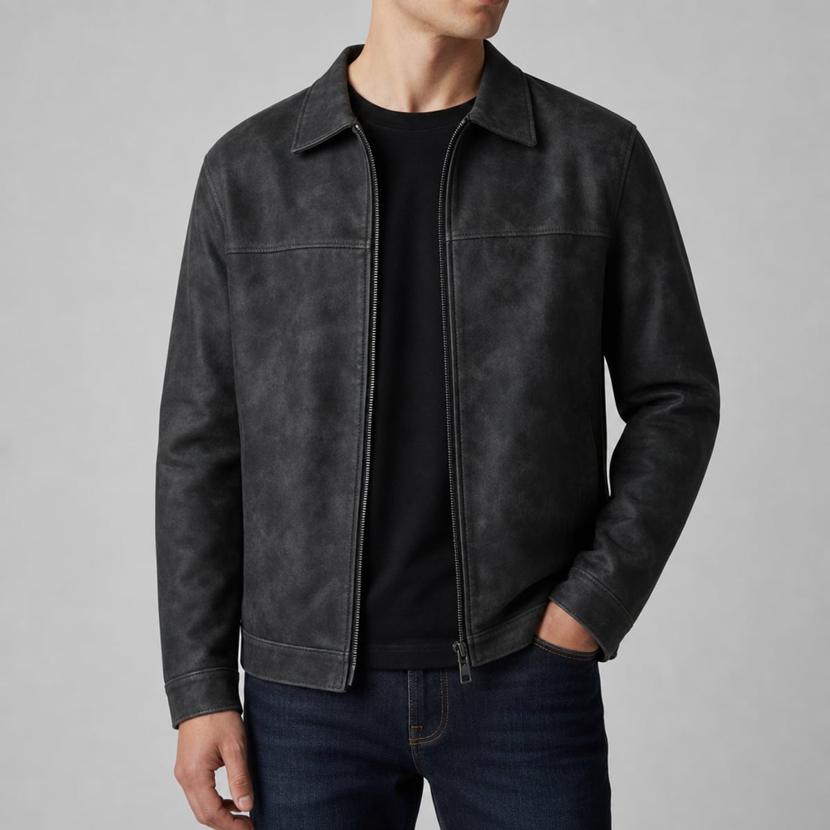 heren fitted biker jacket met rits in zwart