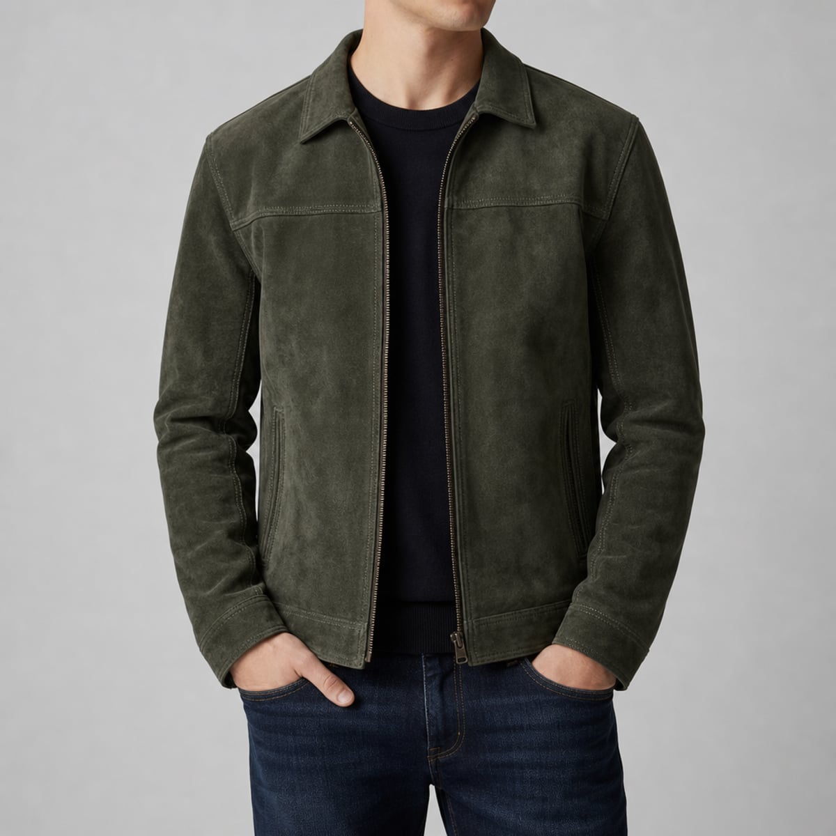 heren fitted biker jacket met rits in olijfgroen