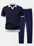 heren gebreide polo met bijpassende broek in marineblauw