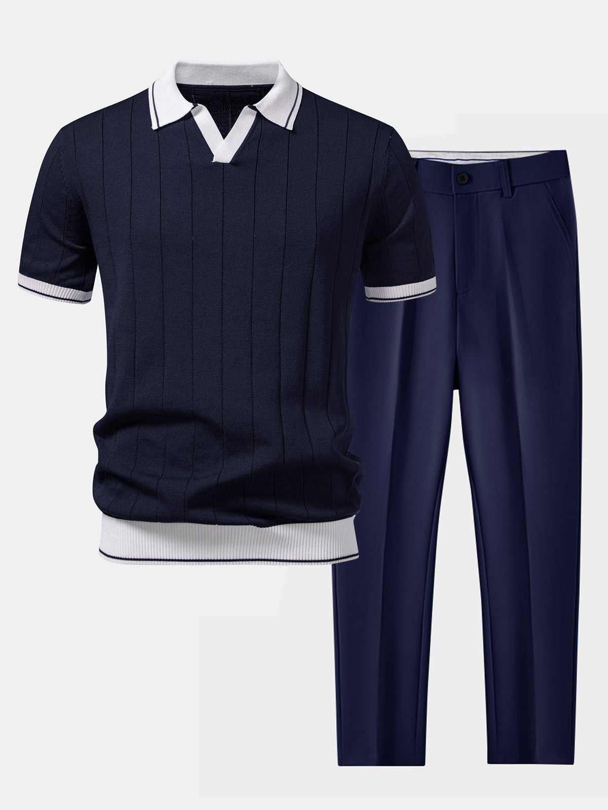 heren gebreide polo met bijpassende broek in marineblauw