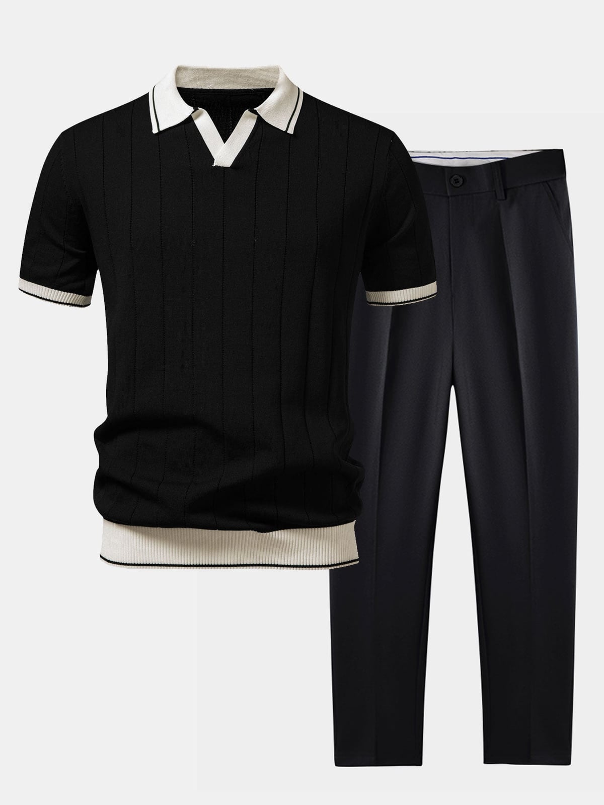 heren gebreide polo met bijpassende broek in zwart