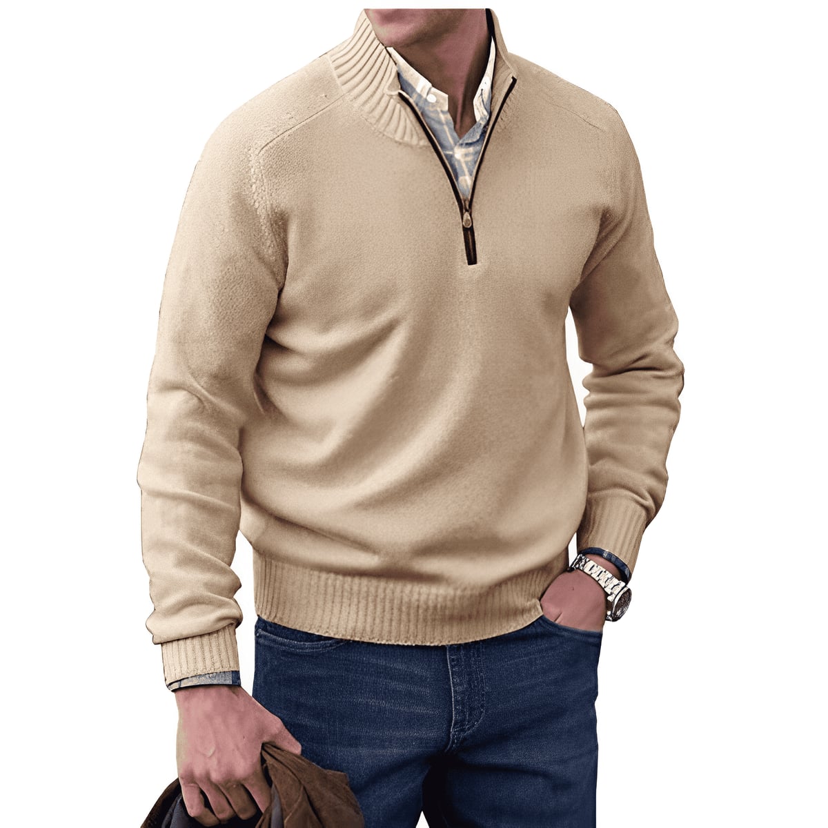 heren gebreide trui met rits en staande kraag in beige