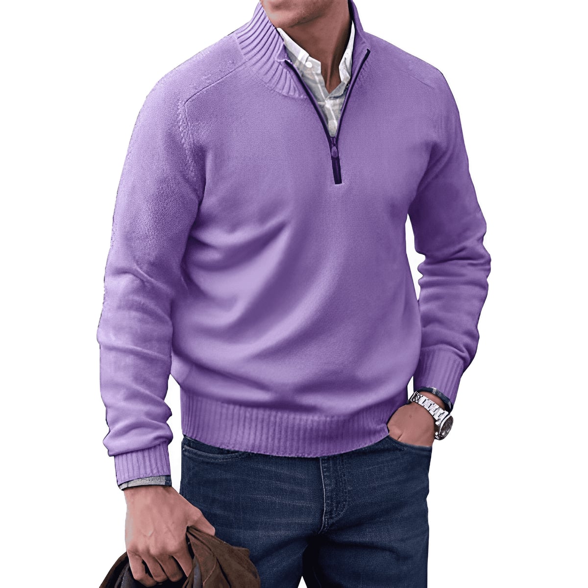 heren gebreide trui met rits en staande kraag in mauve