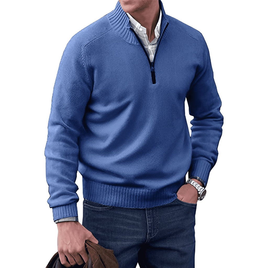 heren gebreide trui met rits en staande kraag in blauw