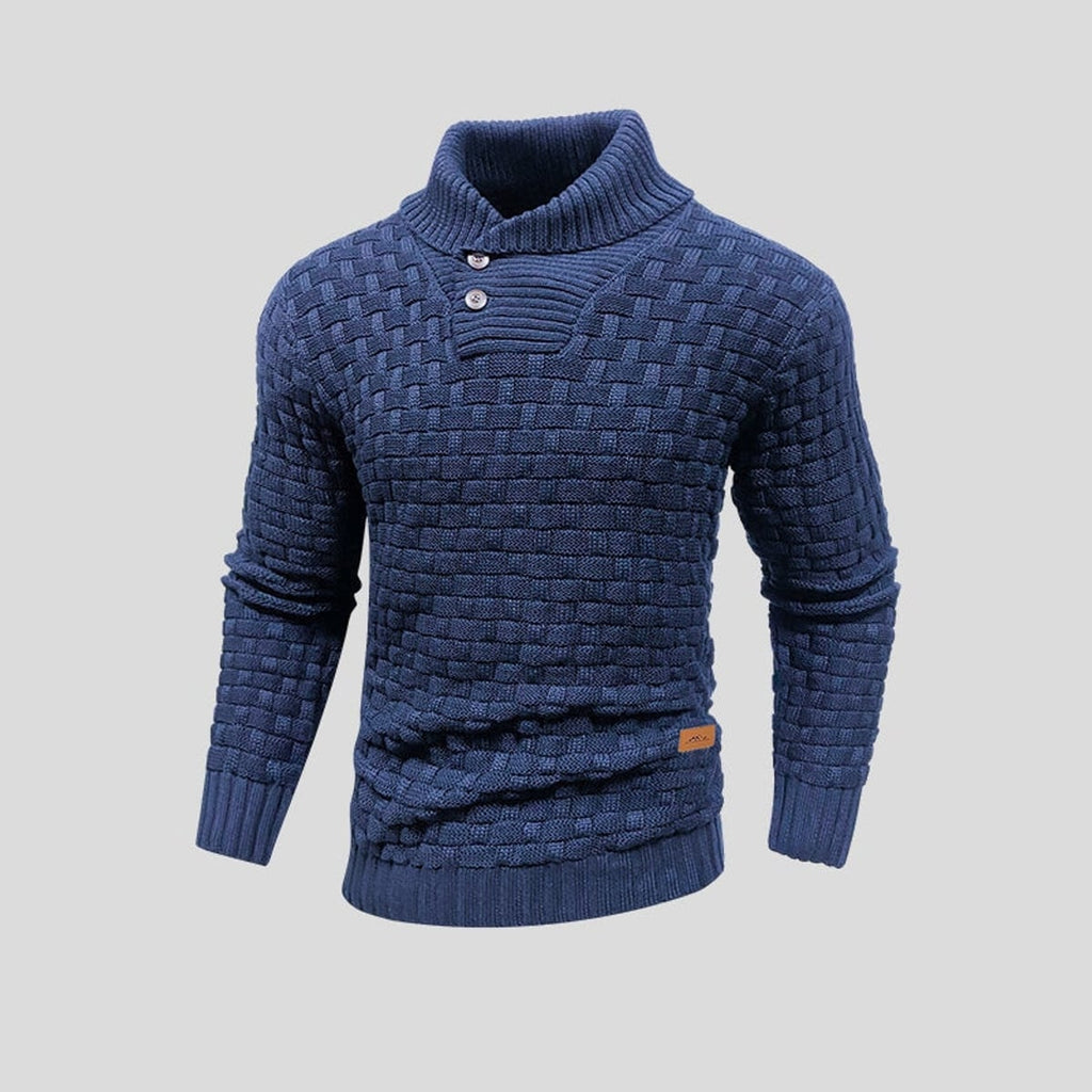 heren gebreide trui met sjaalkraag in blauw