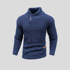 heren gebreide trui met sjaalkraag in blauw