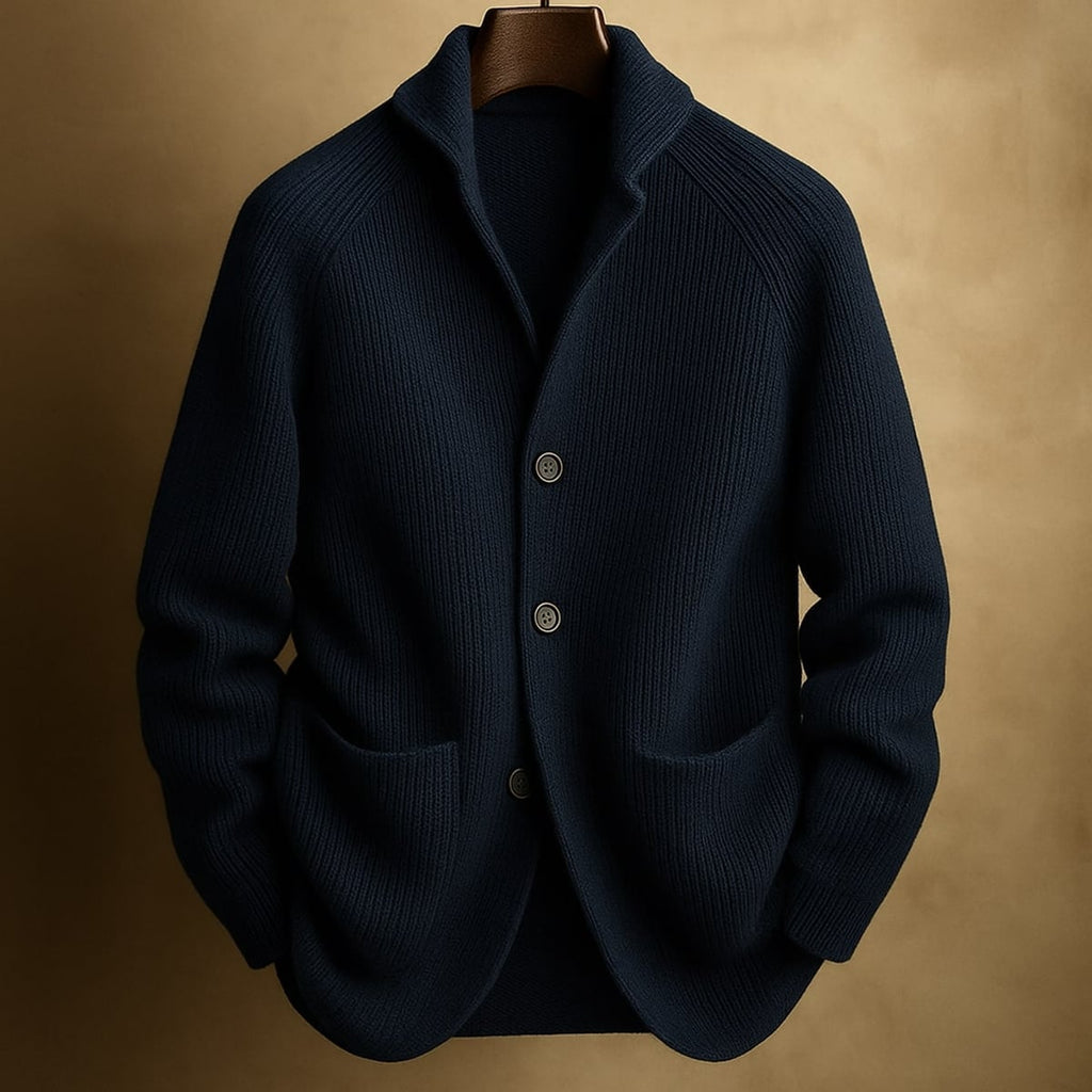 heren geribbelde cardigan met sjaalkraag in donkerblauw