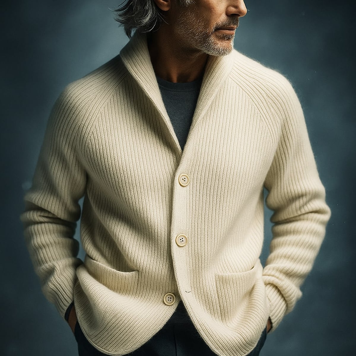 heren geribbelde cardigan met sjaalkraag