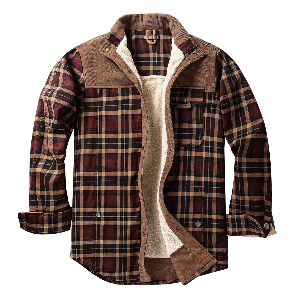 heren geruite overshirt met teddyvoering in koffie