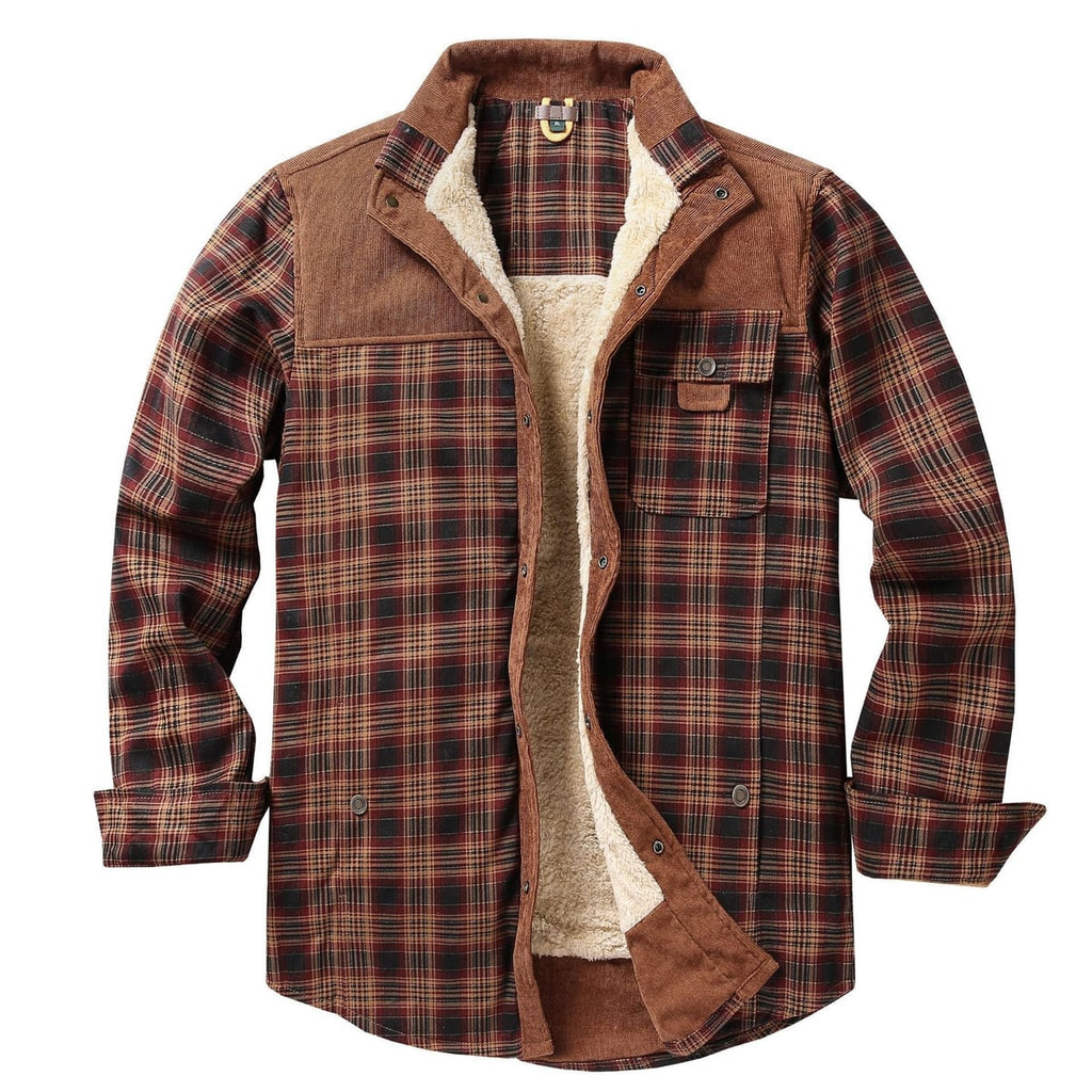 heren geruite overshirt met teddyvoering in roodbruin