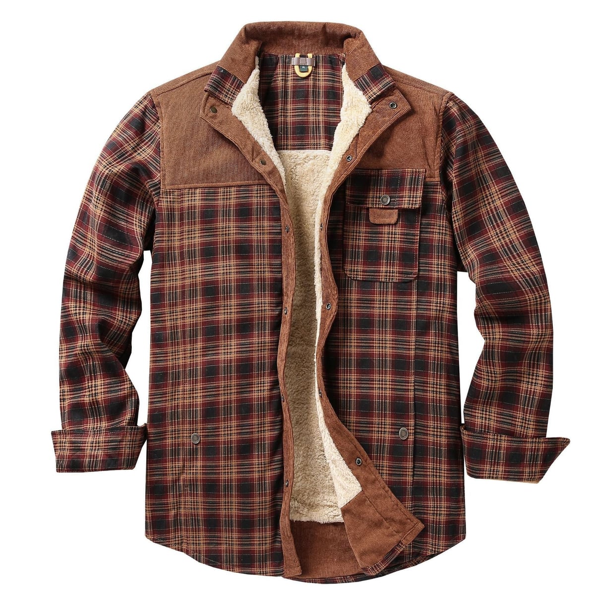 heren geruite overshirt met teddyvoering in roodbruin