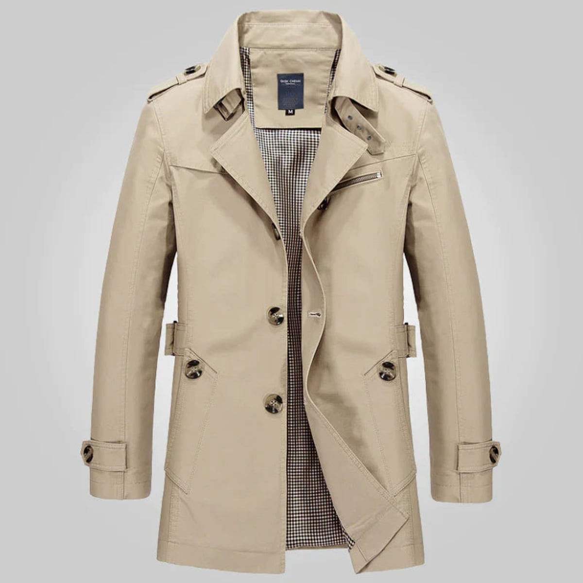 heren getailleerde trenchcoat met revers in khaki