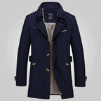 heren getailleerde trenchcoat met revers in donkerblauw